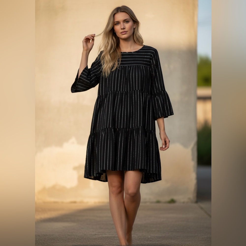 Gap Dress Womens Size XL Black Silver Metallic Stripe Oversized Bell Sleeve Tier